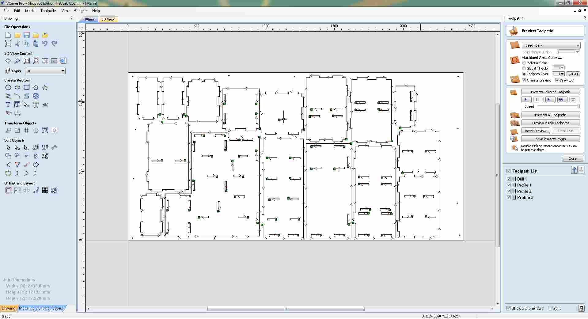VCarve Pro 2D view showing the full sheet layout with all four toolpaths visible, Drill 1, Profile 1, Profile 2, and Profile 3, listed in the Toolpath List panel on the right