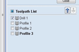 VCarve Toolpath List close-up showing Drill 1 checked and Profile 1, Profile 2, Profile 3 unchecked, Drill 1 selected in isolation for export