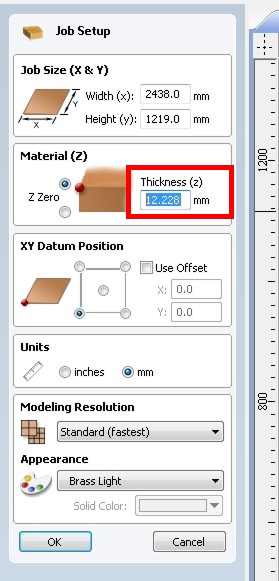 VCarve Job Setup close-up showing material thickness set to 12.228mm