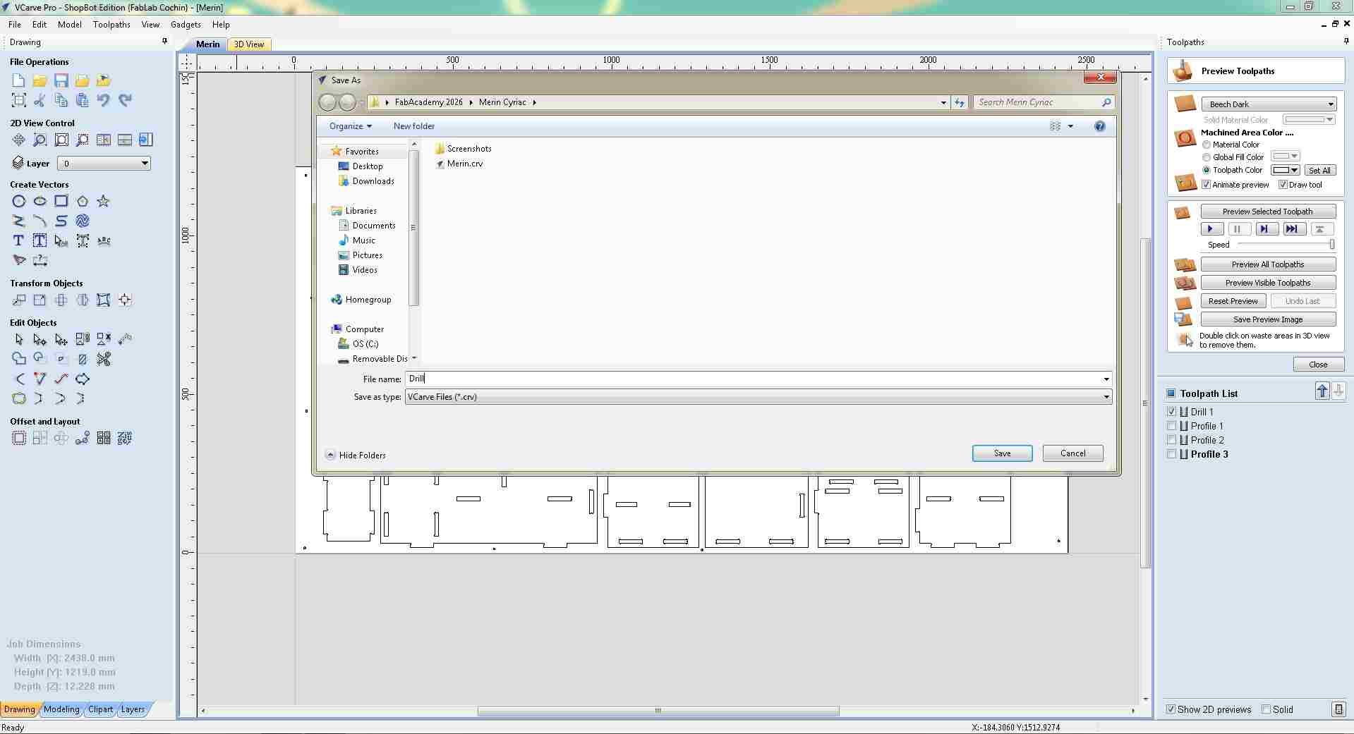 VCarve Save Toolpath file browser dialog open, navigating to the local save folder to export the Drill 1 toolpath as an .sbp file in ShopBot TC (MM) format