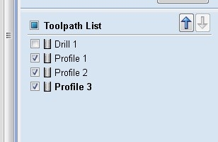 VCarve Toolpath List close-up showing Profile 1, Profile 2, and Profile 3 all checked, with Drill 1 unchecked, the three profile toolpaths selected together for export as a single file