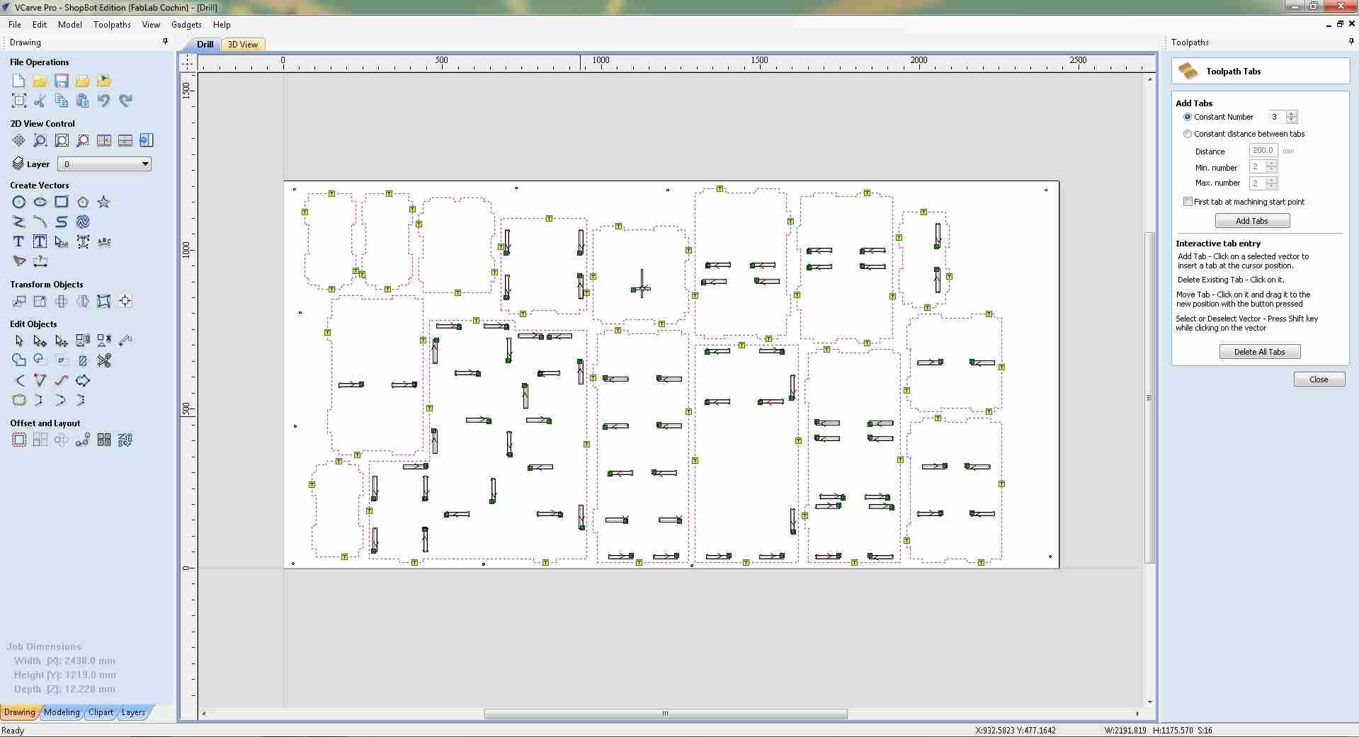 VCarve Pro 2D view showing the full sheet layout with yellow tab marker dots visible at regular intervals along all part profile outlines, the tab positions placed automatically based on the tab dimensions set in the Profile Toolpath dialog