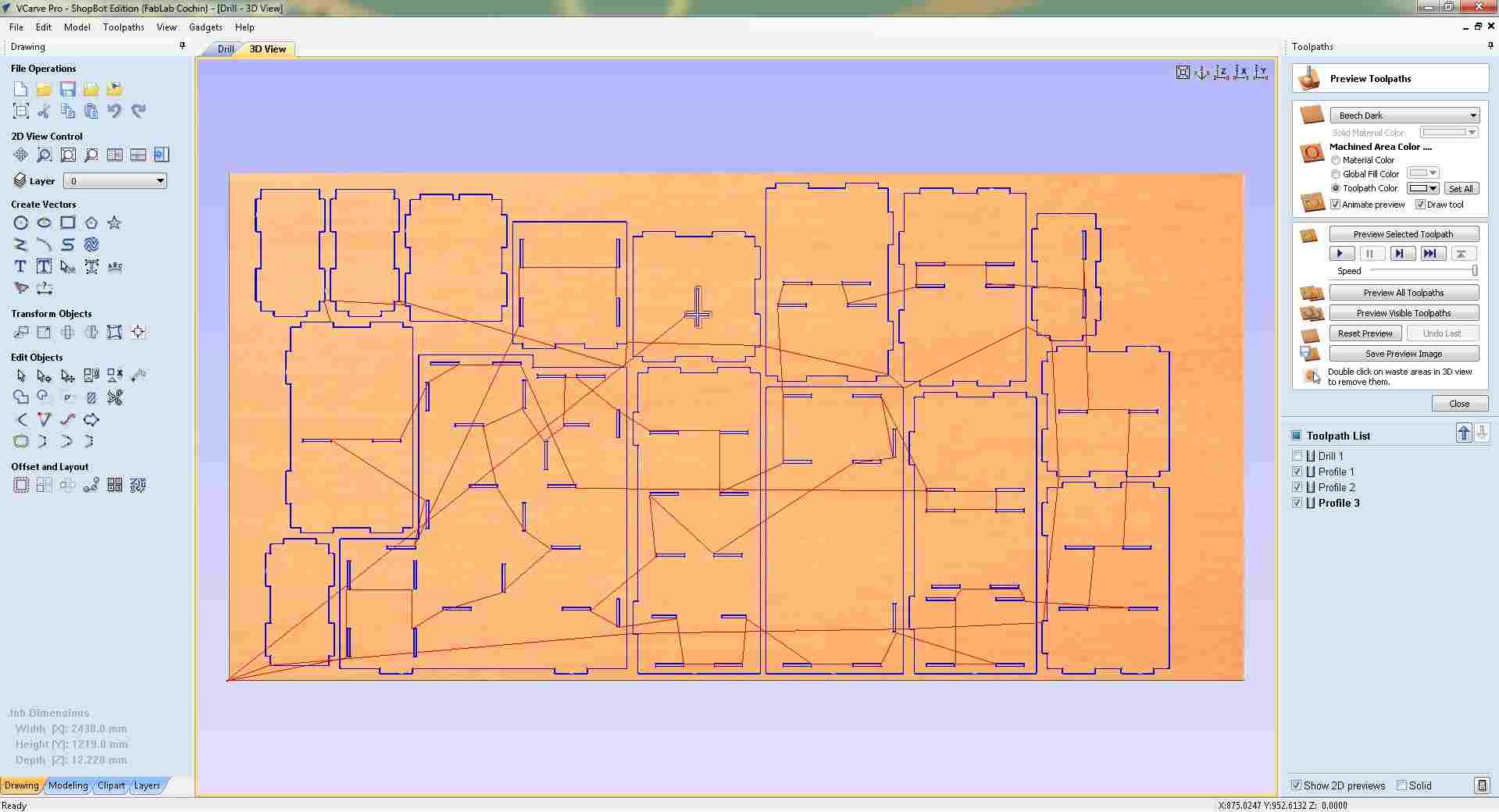 VCarve Pro 3D simulation view showing all toolpath traces on the orange plywood material, drilling, profile, and engraving paths distributed across the full sheet, confirming correct toolpath layout before export
