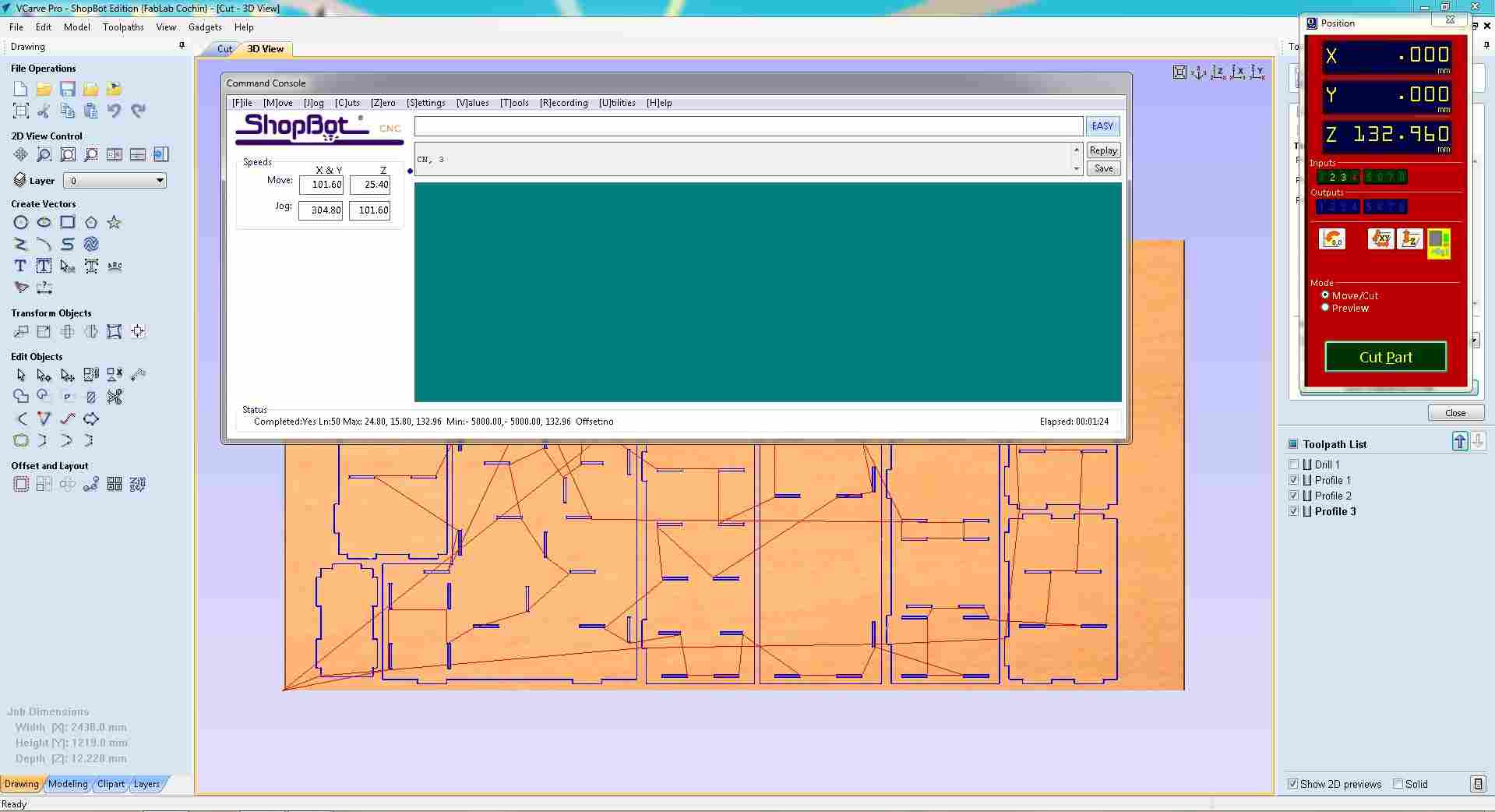 ShopBot control software open with the green console terminal in the foreground, the 3D plywood view visible in the background showing the full sheet, and the Position panel on the right displaying X, Y, Z coordinates near zero