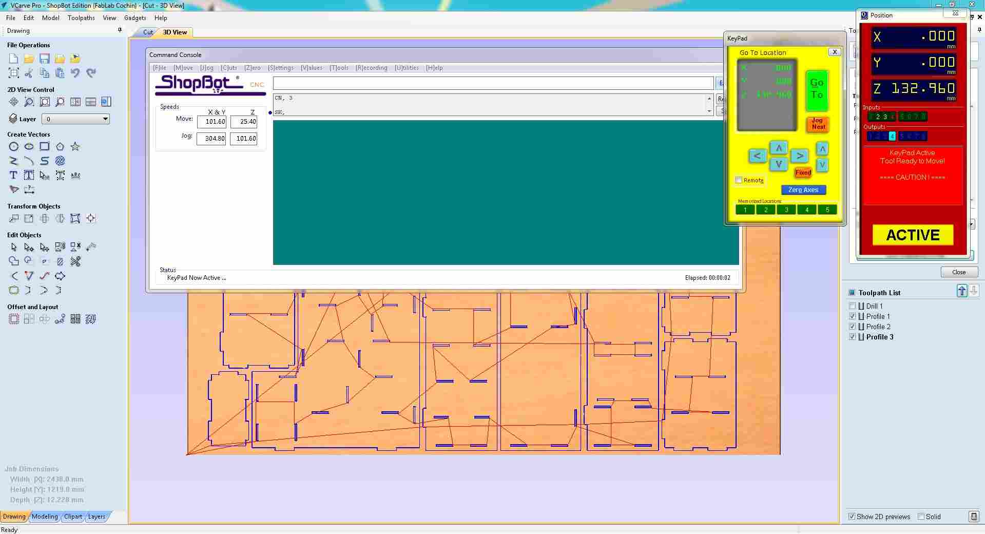 ShopBot KeyPad Go To Location dialog open over the console terminal, directional jog buttons visible, Position panel on the right showing ACTIVE status in red indicating the machine is live and ready to move