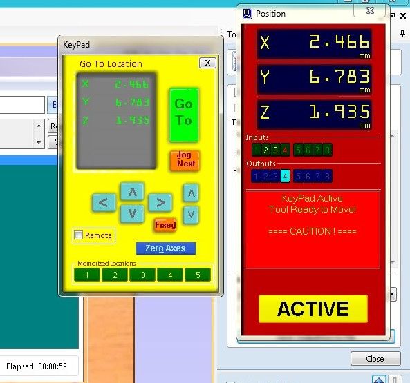 Close-up of the ShopBot KeyPad Go To Location dialog and Position panel, X: 2.466 mm, Y: 6.783 mm, Z: 1.935 mm displayed; Position panel shows 'KeyPad Active, Tool Ready to Move!, CAUTION!' and ACTIVE status in red
