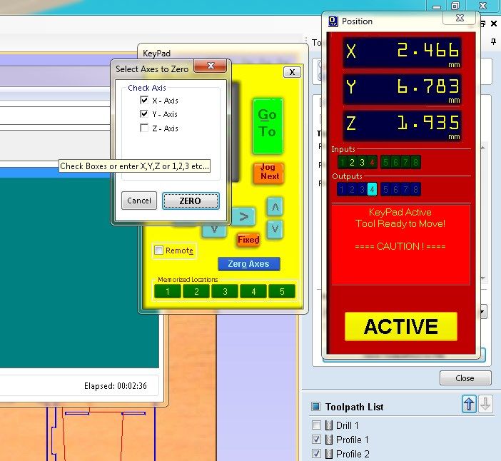 ShopBot KeyPad with the Select Axes to Zero dialog overlaid, X-Axis and Y-Axis checkboxes both ticked, Z-Axis unchecked, Zero button ready to confirm; Toolpath List on the right shows Profile 1 and Profile 2 checked