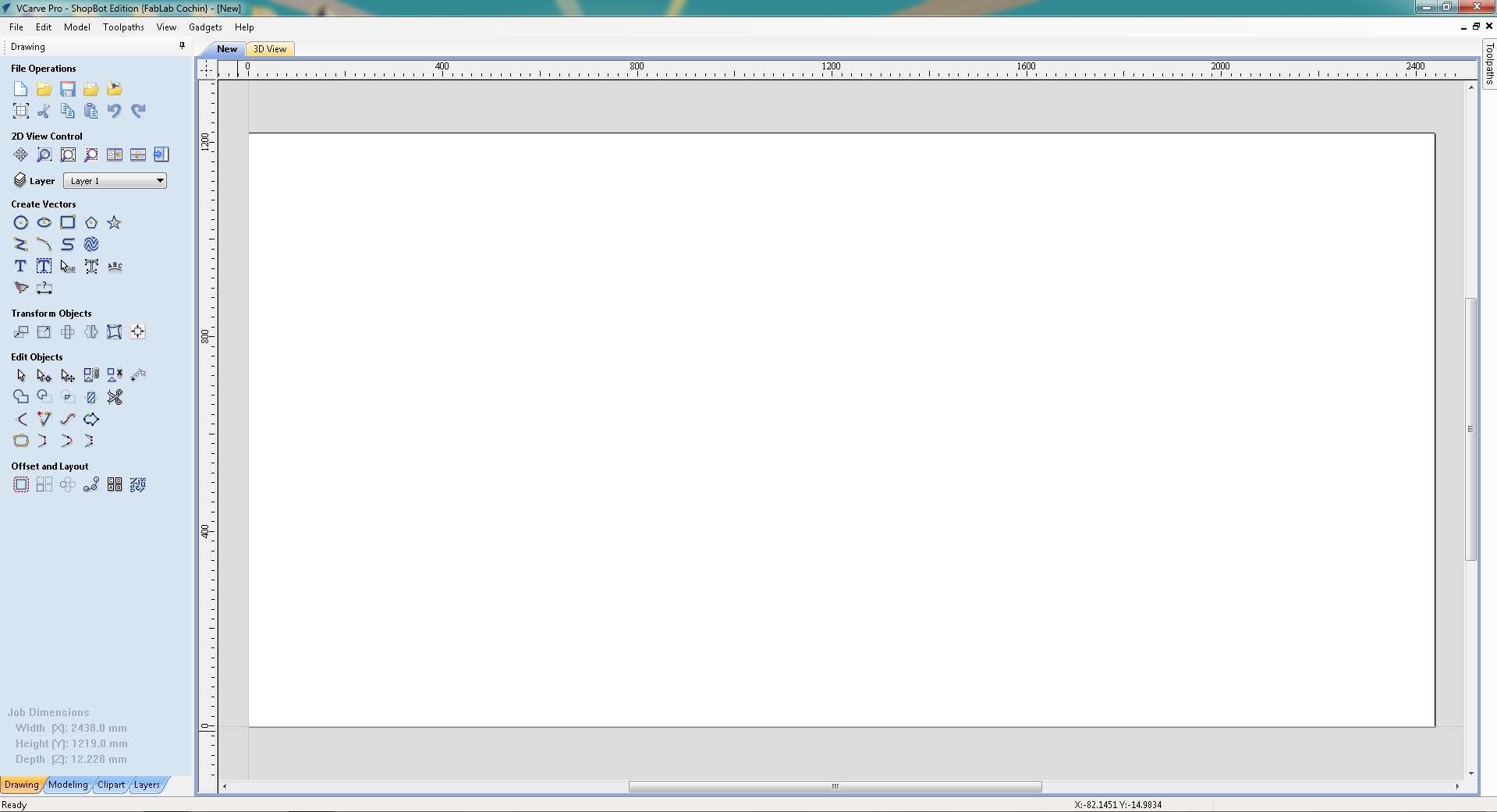 VCarve Pro empty drawing workspace after job setup confirmed