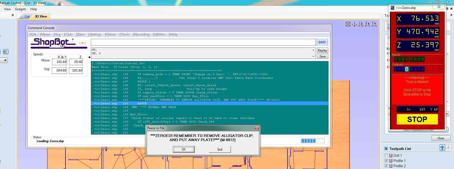 ShopBot console with the safety reminder dialog reading '***PLEASE REMEMBER TO REMOVE ALLIGATOR CLIP AND PUT AWAY PLATE*** (At 0010)', a post-Z-zero safety prompt requiring the operator to remove the touch plate and clip before cutting begins