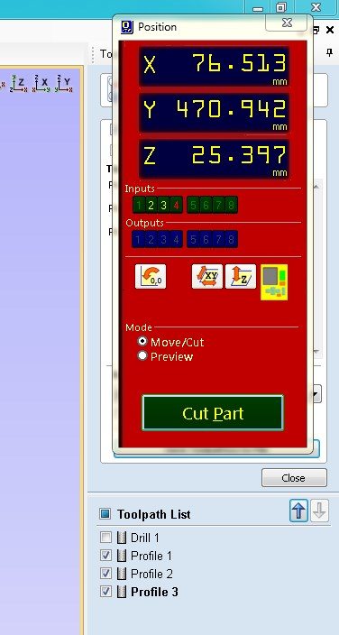Close-up of the ShopBot Position panel and Toolpath List, Profile 1, Profile 2, and Profile 3 all checked, Drill 1 unchecked; the green Cut Part button is visible at the bottom of the Position panel, confirming the machine is zeroed and ready to begin cutting