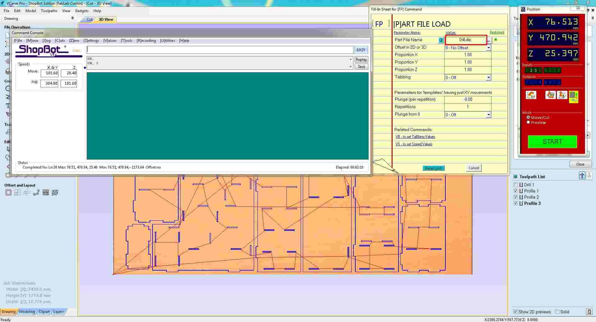 ShopBot interface with the FP Part File Load dialog open, file path and parameters visible; 3D sheet view in the background showing the full plywood layout; Position panel on the right displaying current X, Y, Z coordinates with Profile 3 checked in the Toolpath List