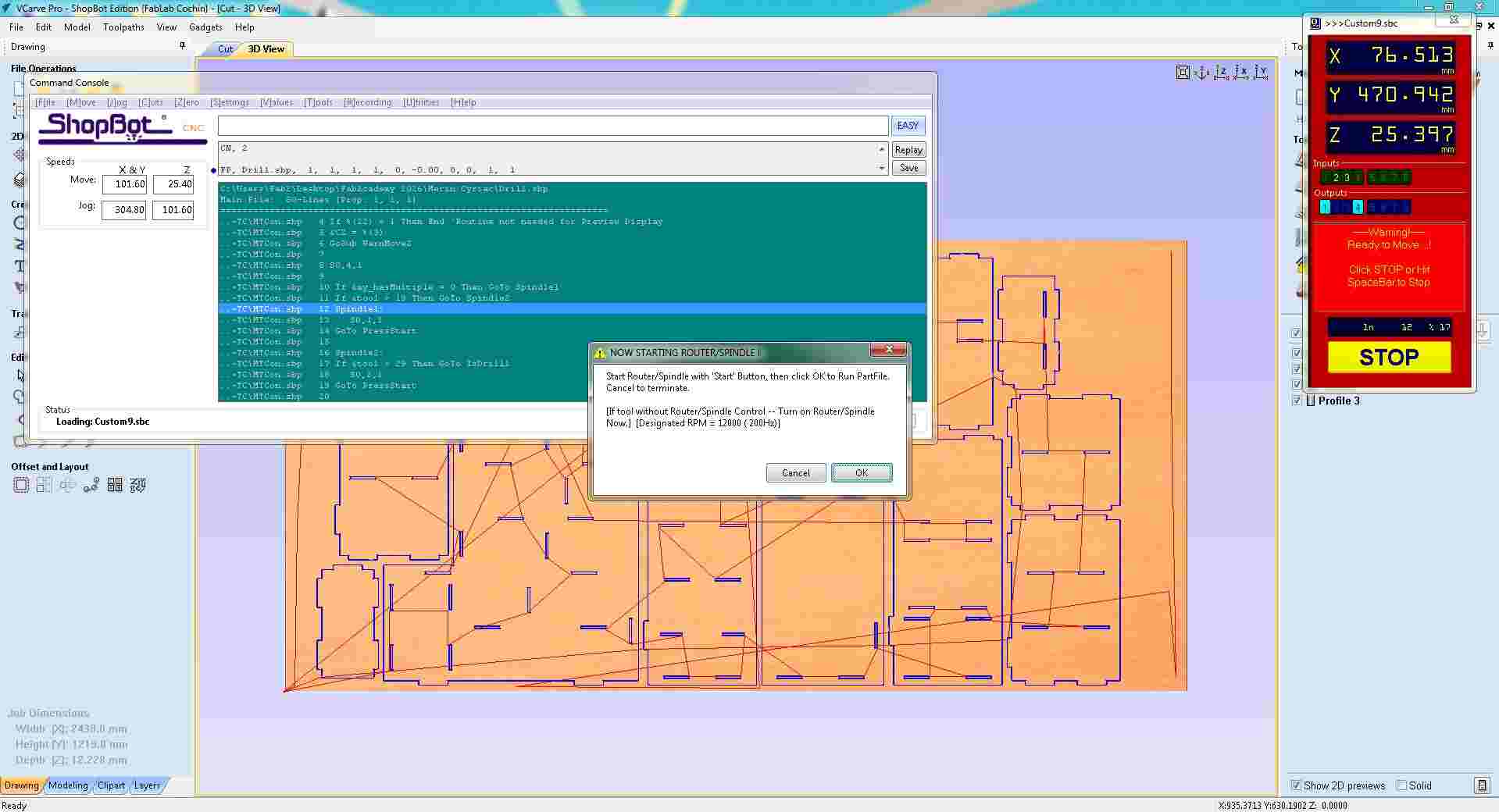 ShopBot console terminal with a dialog reading 'Start Routine with Start Button then click Ok to Run PartFile', machine paused at the pre-cut confirmation step requiring the operator to start the spindle and press OK before cutting begins; STOP button active on the Position panel