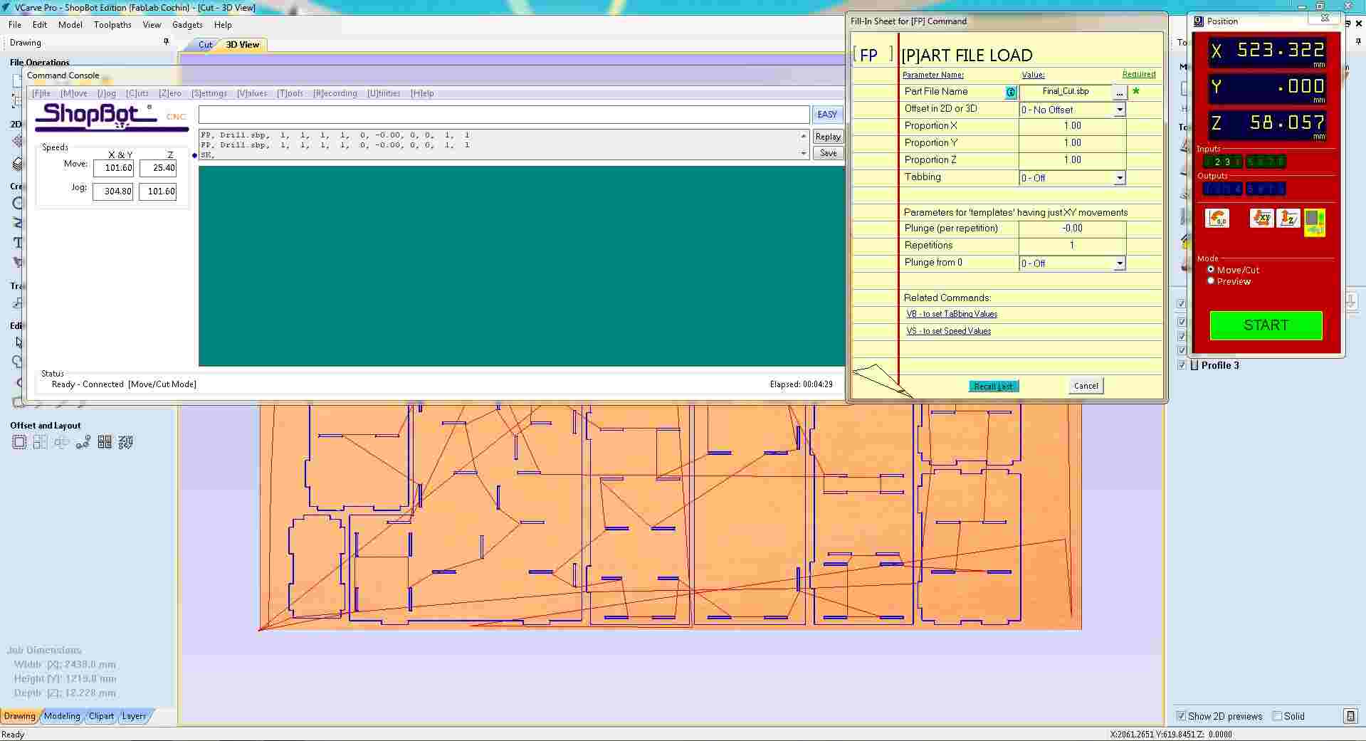 ShopBot interface with a second FP Part File Load dialog open, the Position panel shows new X, Y, Z coordinates after the previous pass, ACTIVE status confirmed; Profile 3 remains in the Toolpath List indicating the next pass is being loaded