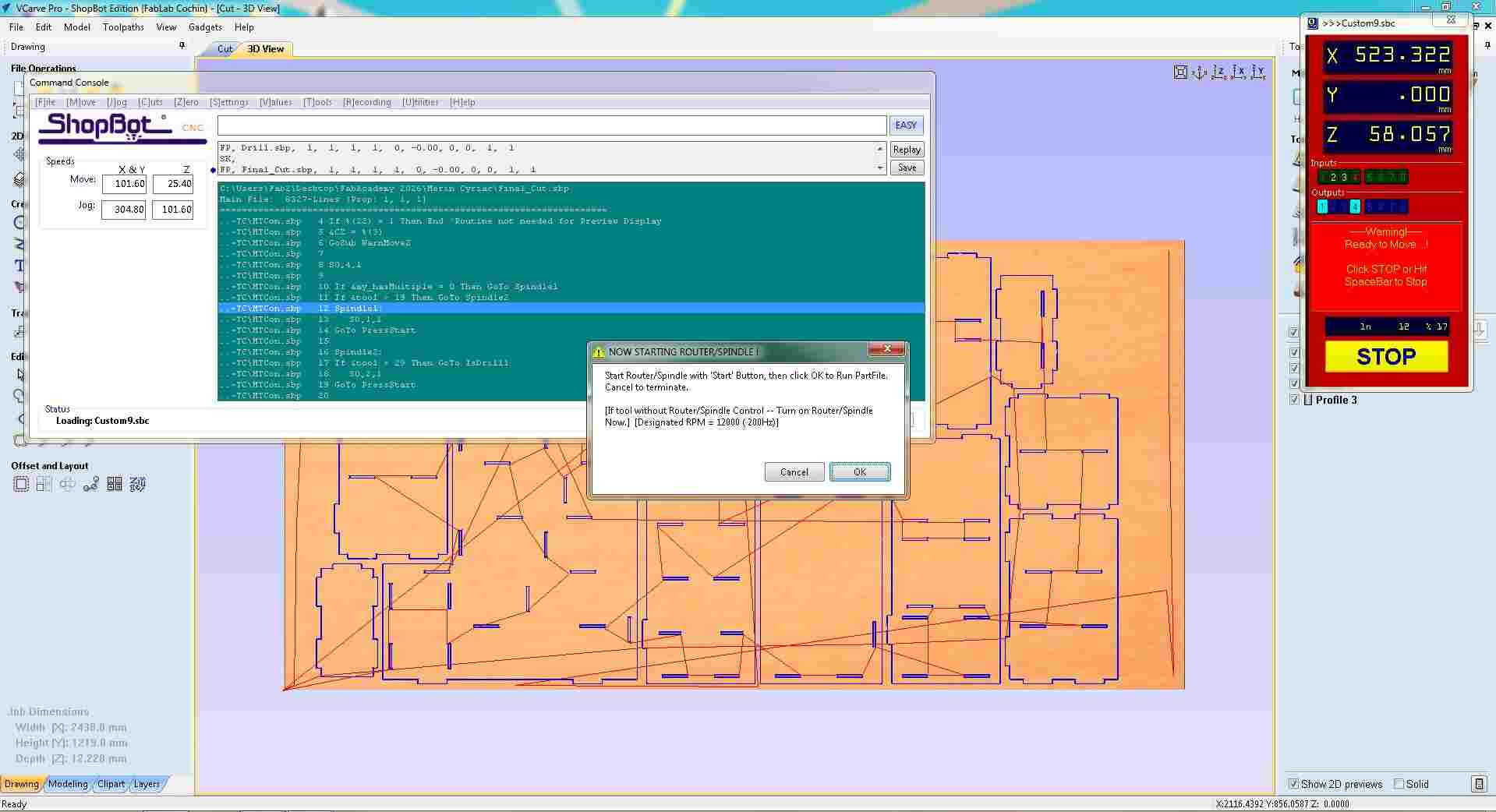 ShopBot console terminal showing the start-routine confirmation dialog again for the second toolpath file, 'Start Routine with Start Button then click Ok to Run PartFile' with a note to turn on the Router/Spindle before proceeding; STOP button active