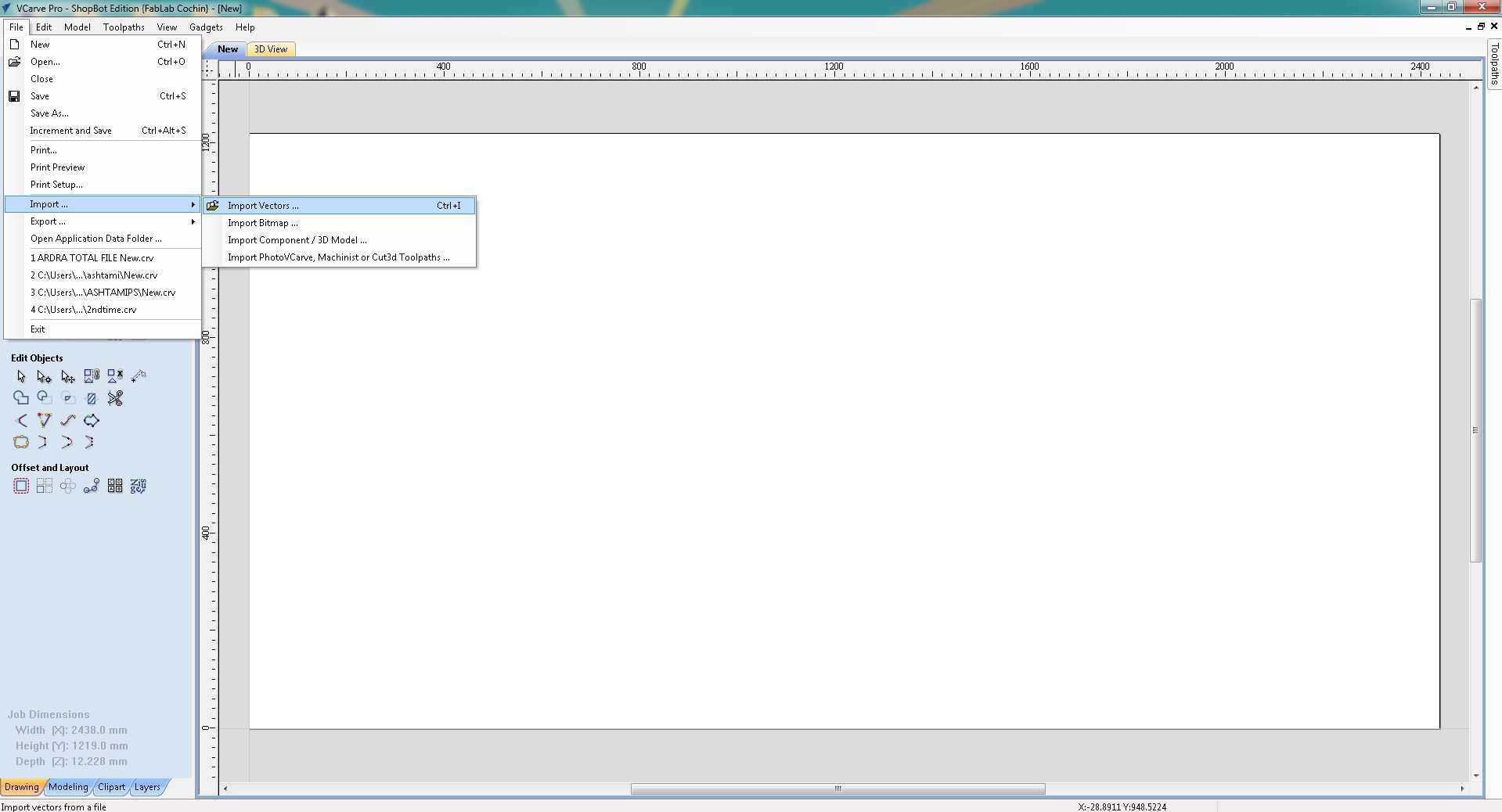 VCarve Pro File menu showing Import Vectors option highlighted
