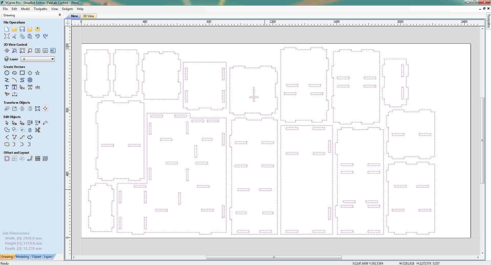 VCarve Pro drawing workspace with all 16 doll house panel vectors imported from DXF