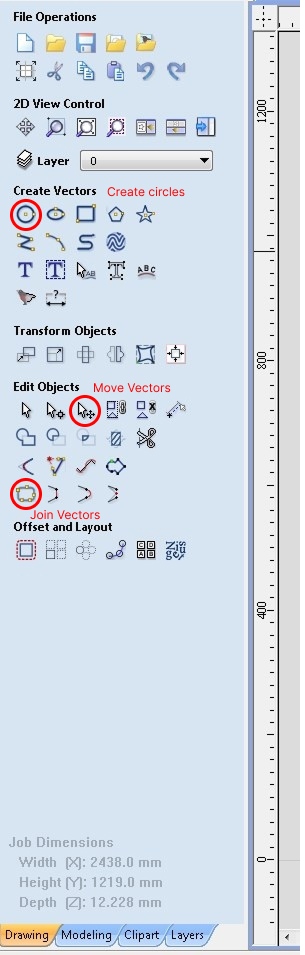 VCarve Drawing panel showing job dimensions: Width 2438mm, Height 1219mm, Depth 12.228mm