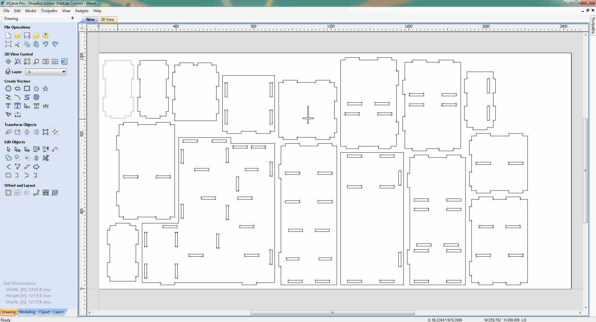 VCarve 2D workspace with one panel selected shown as dashed outline among all imported panels