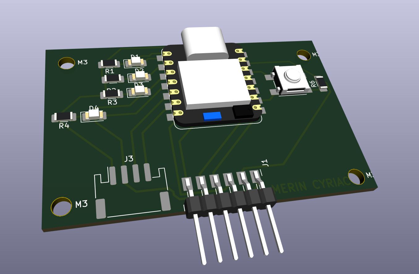 KiCad 3D render of the PCB showing the XIAO RP2040 module, SMD resistors, LEDs, push button, and pin headers