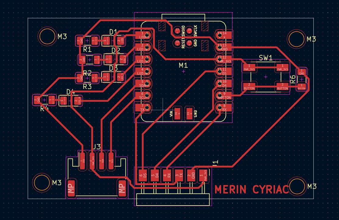 KiCad PCB layout of the custom XIAO RP2040 board showing copper traces, SMD footprints, and board outline