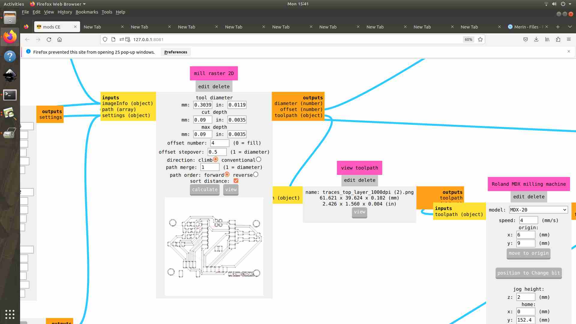 Mods CE toolpath preview showing yellow computed mill paths running cleanly around all copper traces
