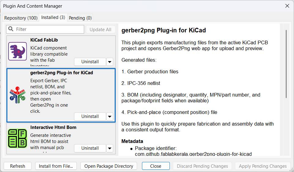 Fab Lab Kerala Gerber2PNG KiCad plugin visible in the KiCad PCB editor toolbar