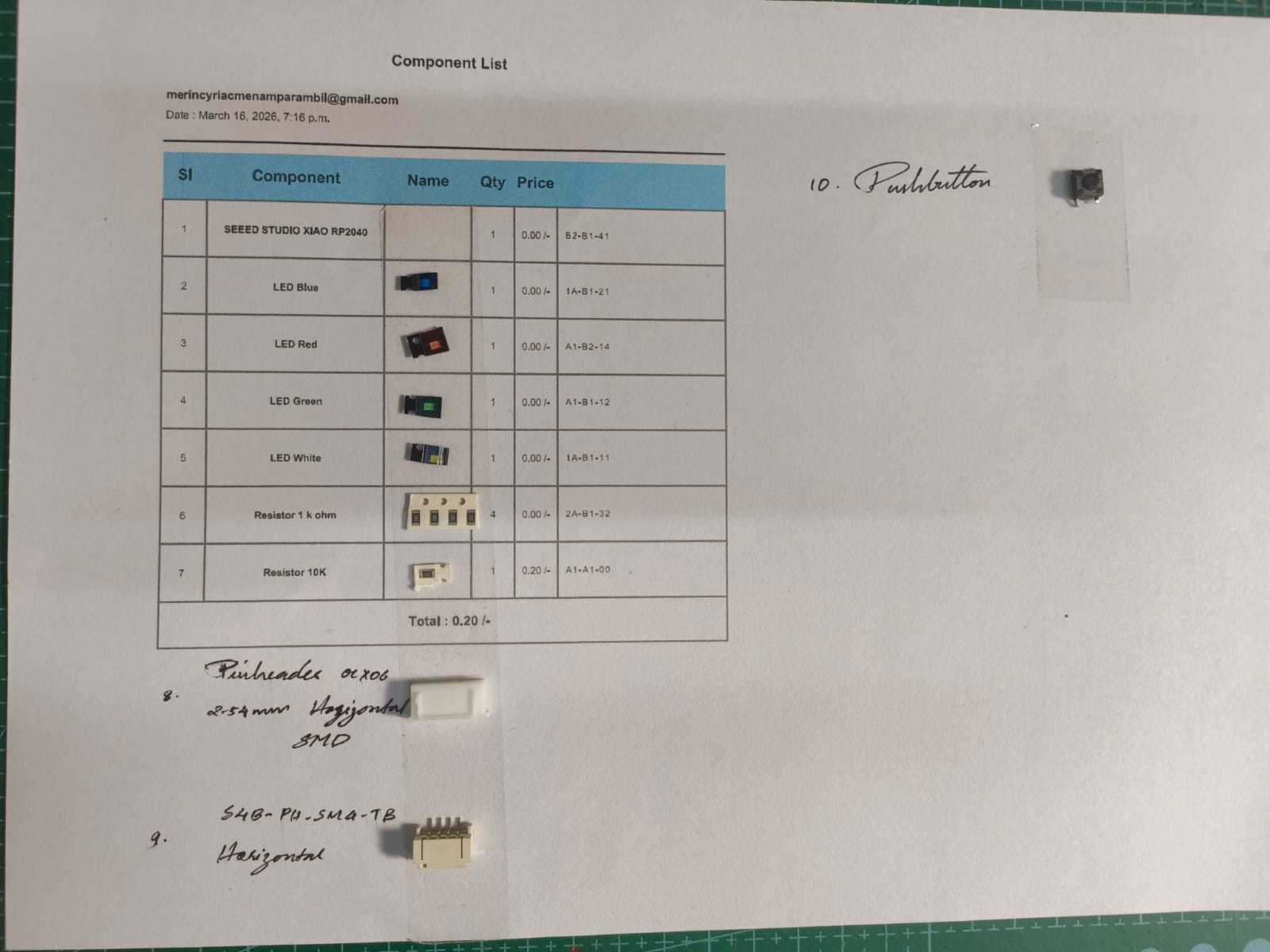 FabStash component inventory system showing the XIAO RP2040, 0402 resistors, SMD LED, and tactile switch items selected for the board