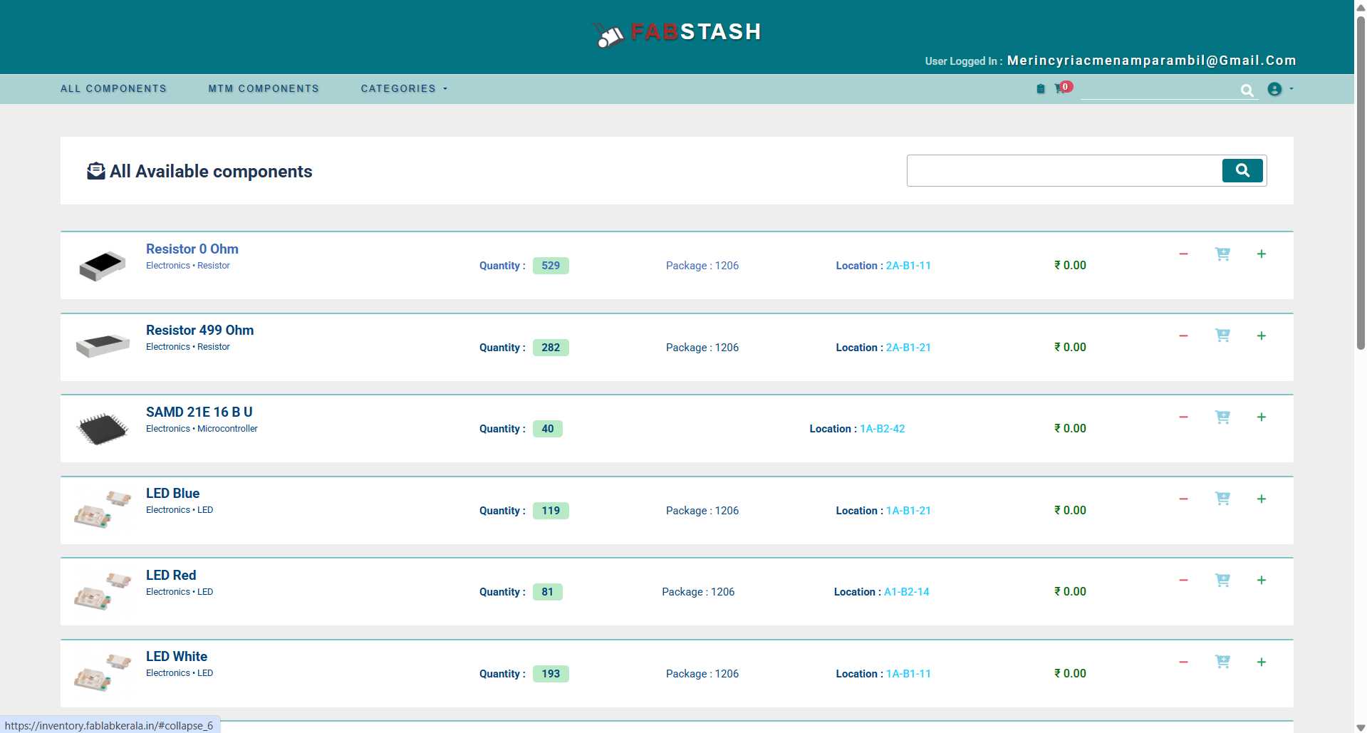 FabStash web interface showing the searchable component catalogue with stock levels and datasheets