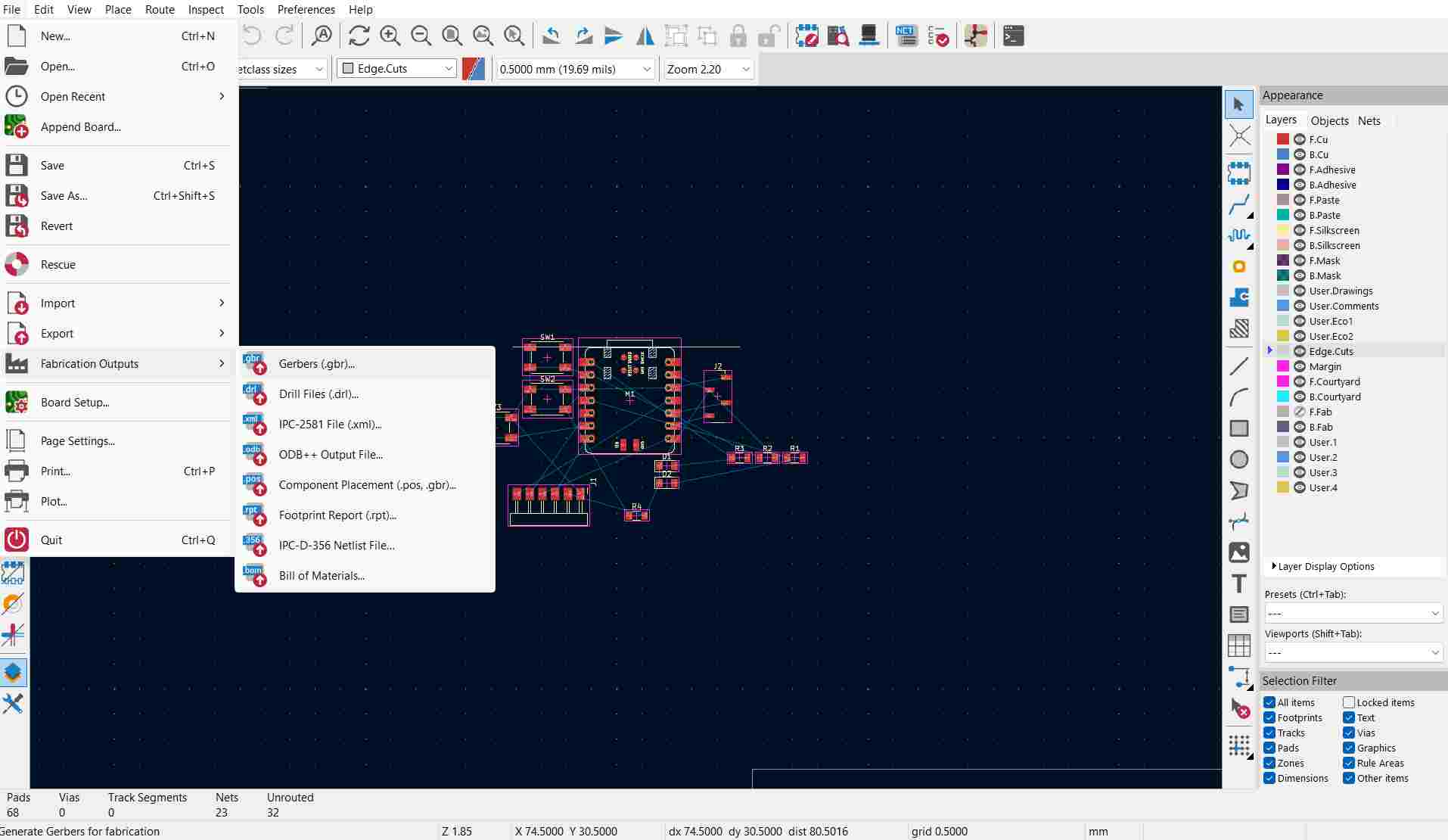 KiCad PCB editor with File > Fabrication Outputs menu open showing Gerbers and Drill Files options