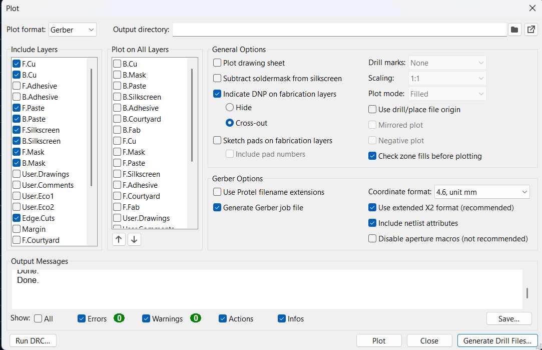 KiCad Plot dialog configured for Gerber export with all required layers selected
