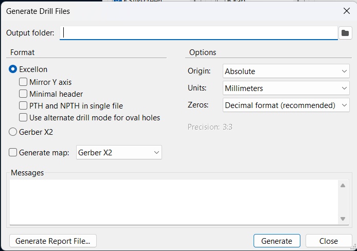 KiCad Generate Drill Files dialog configured for Excellon format with millimetre units