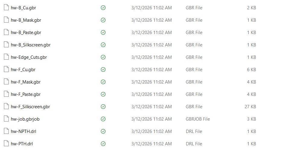 Windows Explorer folder showing the exported Gerber files including copper, mask, silkscreen, edge cuts, and drill files