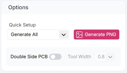 Gerber2PNG options panel with Generate All quick setup selected and Generate PNG button highlighted