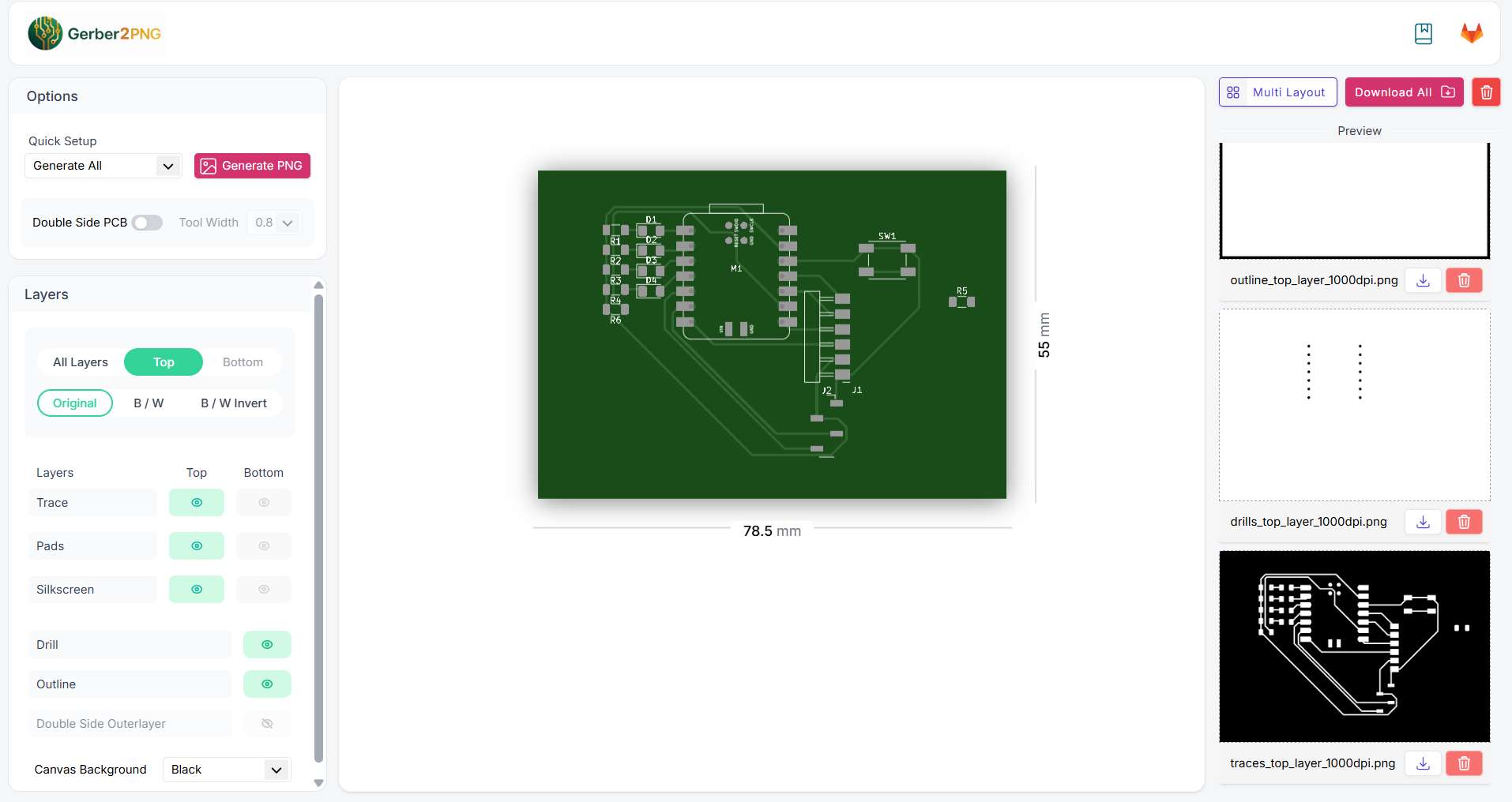 Gerber2PNG output showing PCB board preview and separate trace, drill, and outline PNGs ready for download