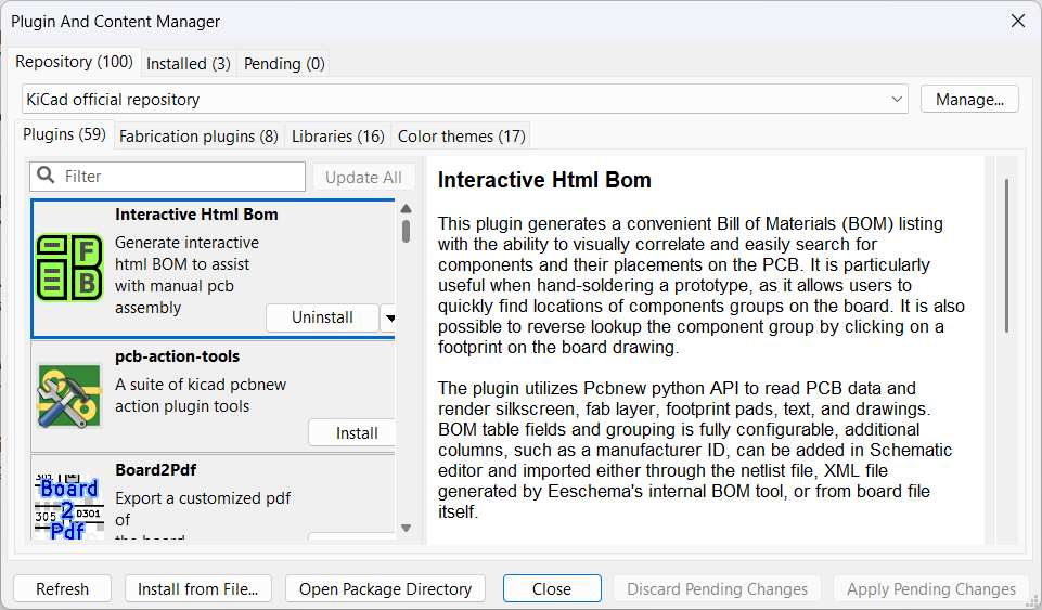 KiCad Plugin and Content Manager window showing the installed plugins list and the Install from File button
