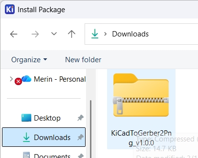 KiCad file browser dialog with the Gerber2PNG ZIP archive selected, ready to be installed via Install from File