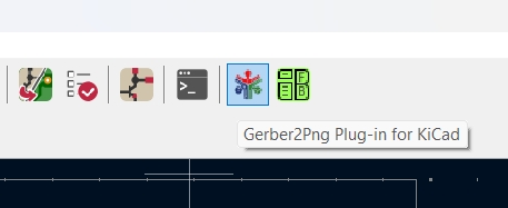 KiCad PCB editor toolbar showing the Gerber2PNG plugin button added after successful installation