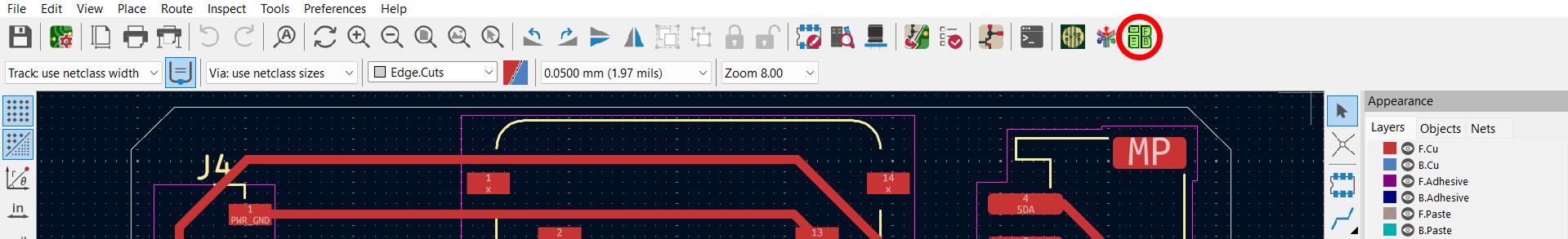 KiCad PCB editor toolbar with the InteractiveHtmlBom plugin icon circled, ready to be clicked to launch the BOM generator