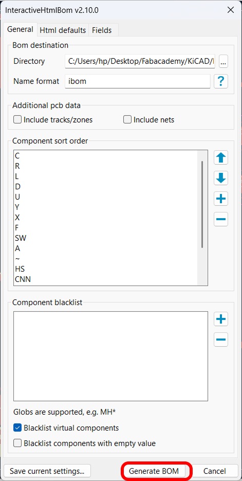 InteractiveHtmlBom v2.10.0 settings dialog showing BOM destination directory, name format set to ibom, component sort order, and the Generate BOM button highlighted