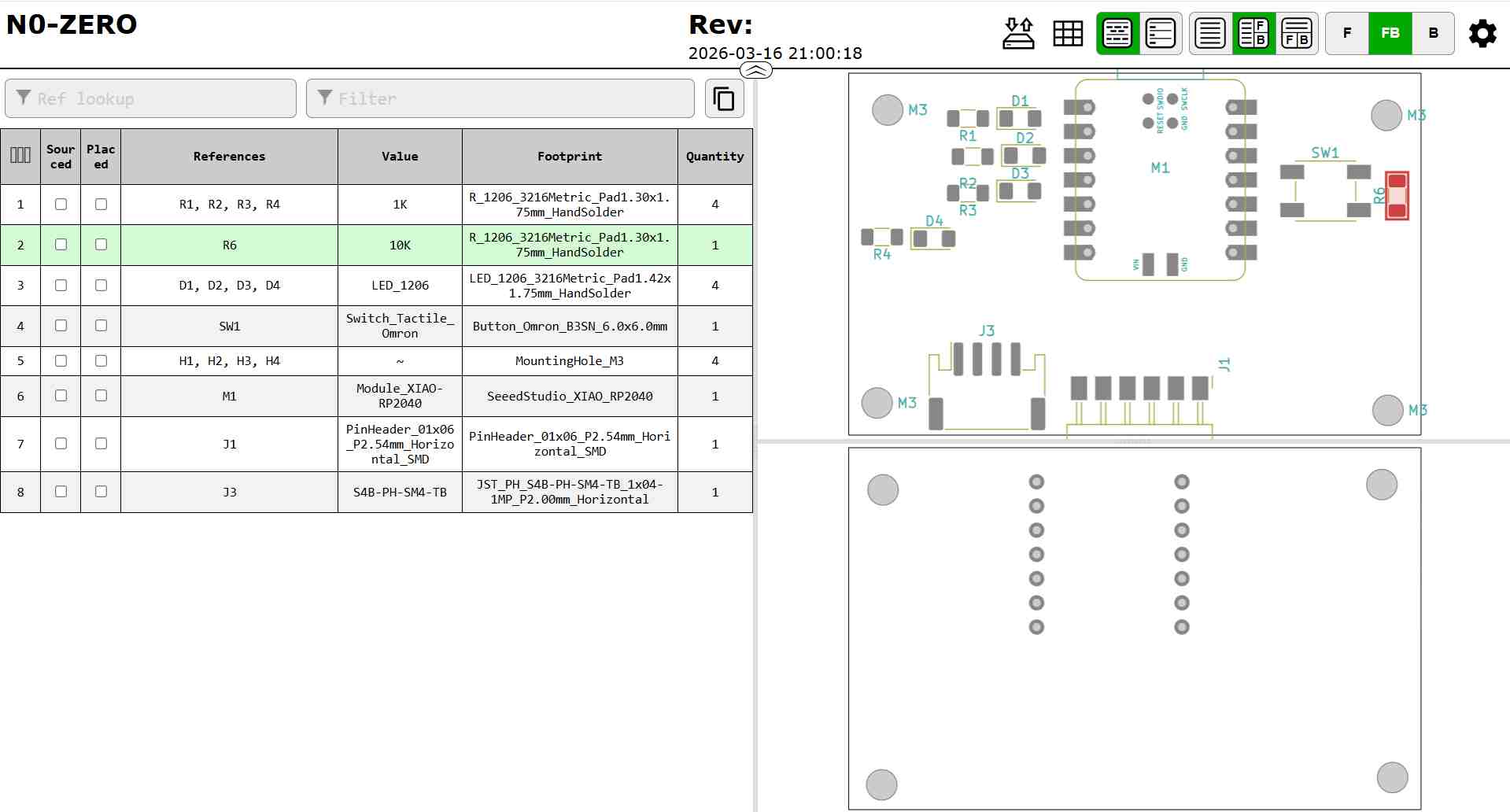 InteractiveHtmlBom browser output for the N0-ZERO board showing the component table on the left with resistors, LED, tactile switch, XIAO RP2040, and pin headers listed alongside an interactive PCB pad view on the right