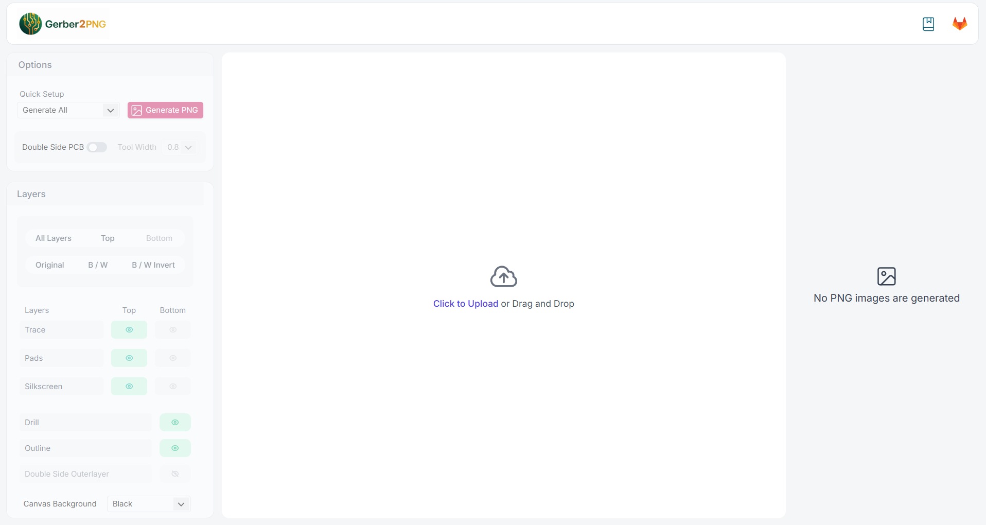 Gerber2PNG web tool interface showing uploaded Gerber files and the Generate PNG button