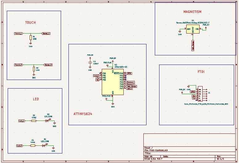 KiCad schematic showing four blocks: TOUCH (two 1MΩ pulldown pads), ATTINY1624 (centre MCU), MAGNETISM (A1324 Hall sensor), LED (two green LEDs with 470Ω resistors), and FTDI (6-pin UPDI header J1)