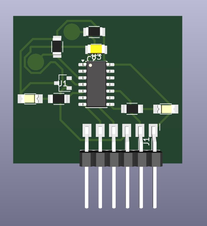 KiCad 3D render of the input devices board — ATtiny1624 SOIC-14 at centre, two circular capacitive touch pads top-left, through-hole UPDI header J1 at bottom, 1206 SMD resistors and LEDs, and C3 decoupling capacitor highlighted in yellow