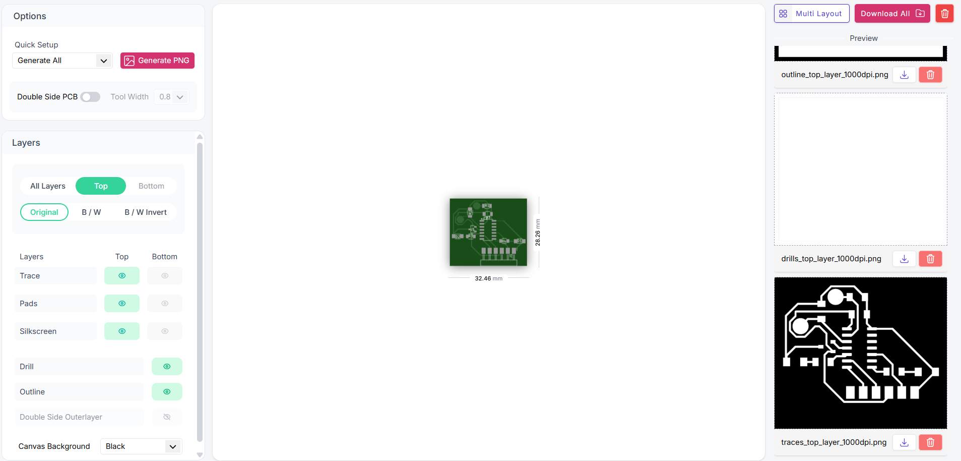 Gerber2PNG interface showing board preview at 32.46 × 28.26 mm with Top layer selected and three exported PNGs: outline, drills, and traces at 1000 dpi