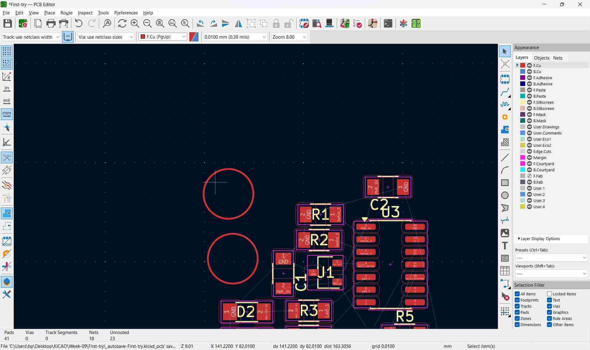 KiCad PCB editor showing component placement — resistors R1–R3 and R5, diode D2, capacitor C3, connector J1, and two circular capacitive touch pads on the left