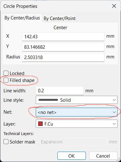 Circle Properties dialog showing unfilled circle with no net assigned on layer F.Cu, radius 2.503 mm