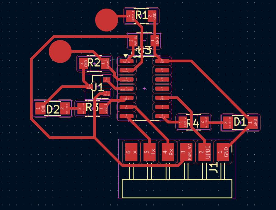 KiCad PCB editor showing the full routed board — two touch pads top-left, ATtiny1624 centre, Hall sensor U1 left branch, LEDs D1 and D2 on outer edges, UPDI header J1 at bottom