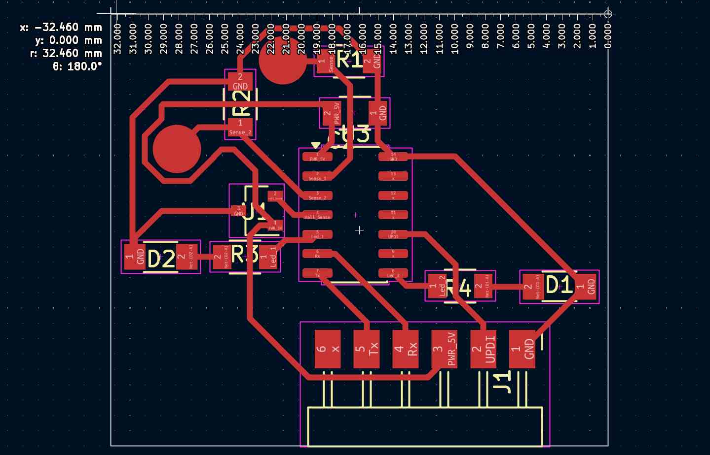 KiCad PCB editor with measurement overlay showing board width of approximately 32.46 mm at θ = 180°