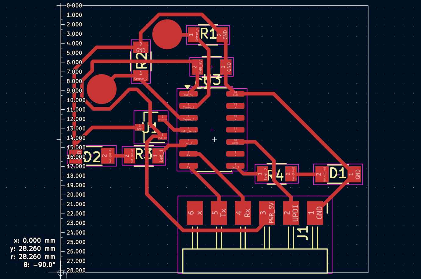 KiCad PCB editor with ruler guides and measurement overlay showing board height of approximately 28.26 mm at θ = −90°