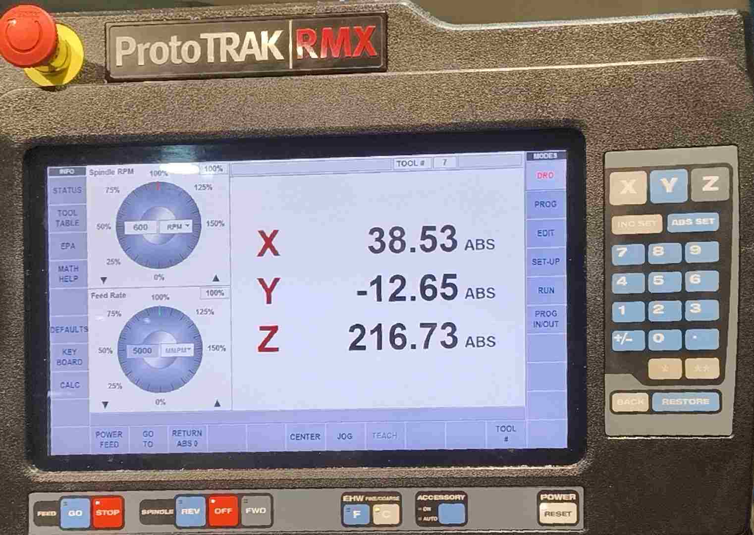 ProtoTRAK RMX DRO screen showing live X Y Z coordinates